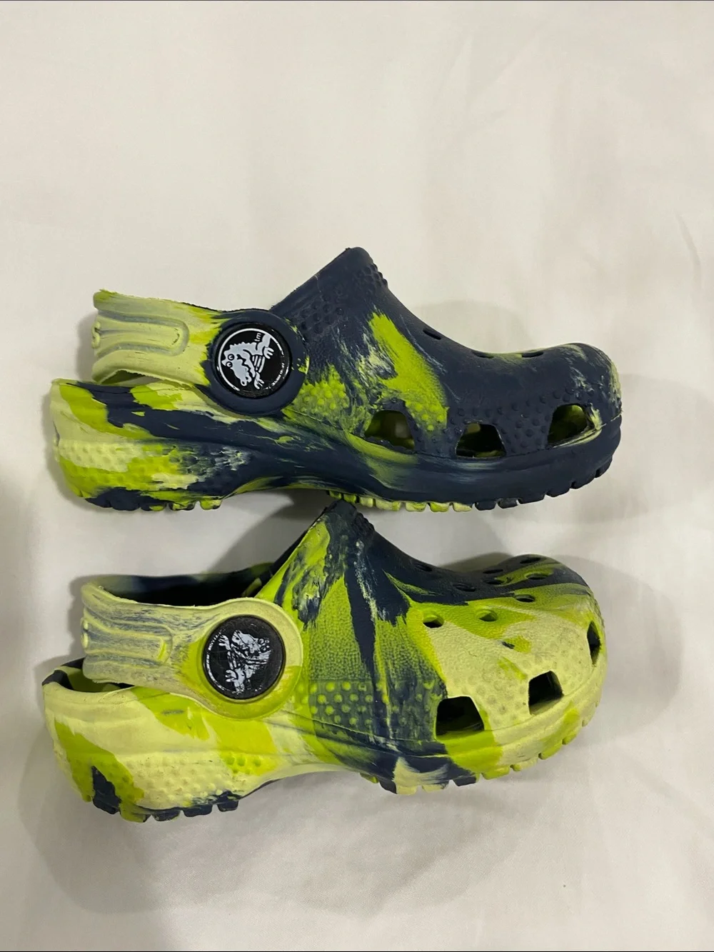 Baby Size 4 Neon Yellow/Green & Navy Tie Dye Crocs